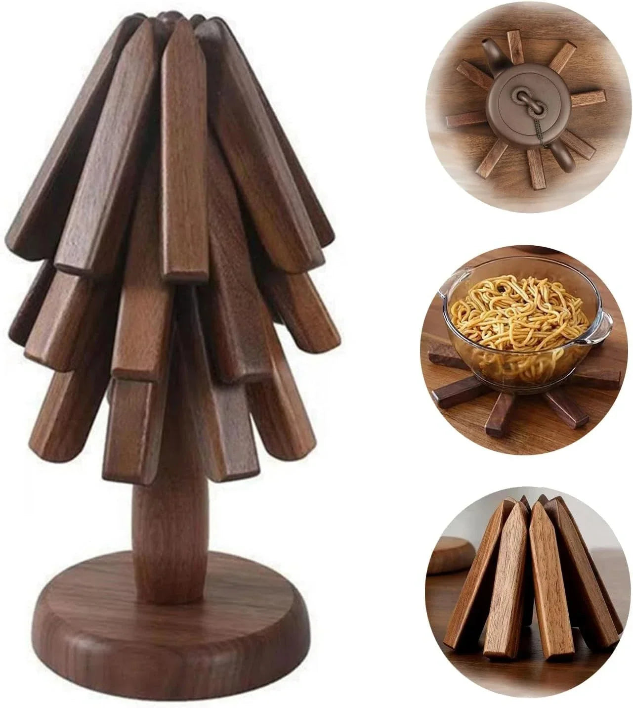 Wooden Trivets for Hot Dishes Folding Tree Shape Black Walnut Table Mat Holders Heat Insulated Pad Set Coasters for Pots