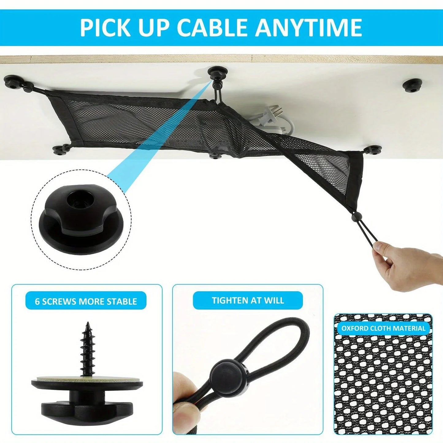 Under Desk Cable Management Net - 8-Hole Socket Mesh Organizer with Elastic Edge, Flexible Wire Hider for Office & Home