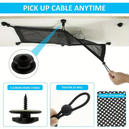 Under Desk Cable Management Net - 8-Hole Socket Mesh Organizer with Elastic Edge, Flexible Wire Hider for Office & Home