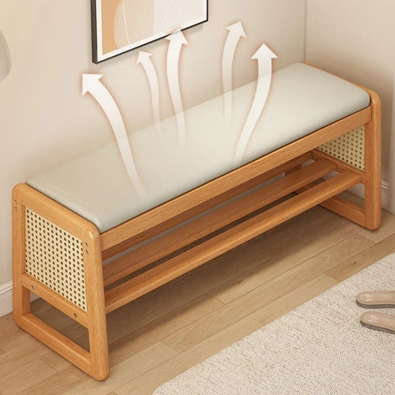 Teng woven shoe changing stool, entrance door, home door, multi-layer storage, solid wood, can sit on shoe stool
