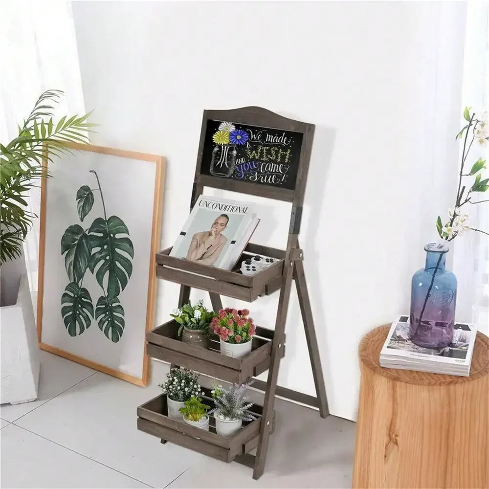 Folding Wood A-Frame Pavement Chalkboard With 3 Tier Ladder Plant Stand Shelf