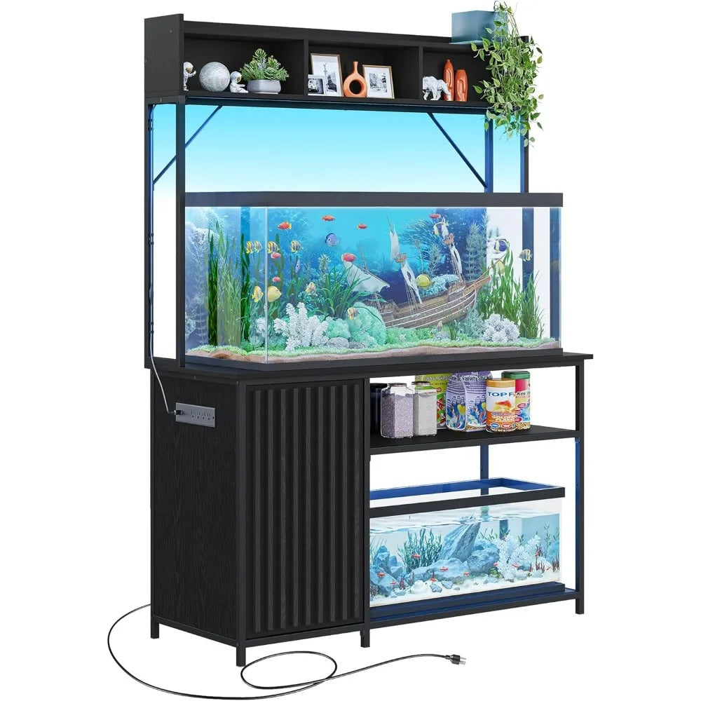 55-90 Gallon Aquarium Stand with LED Lights, Fluted Cabinet For Fish Tank Accessories Storage, Heavy Duty Metal & Power Outlets