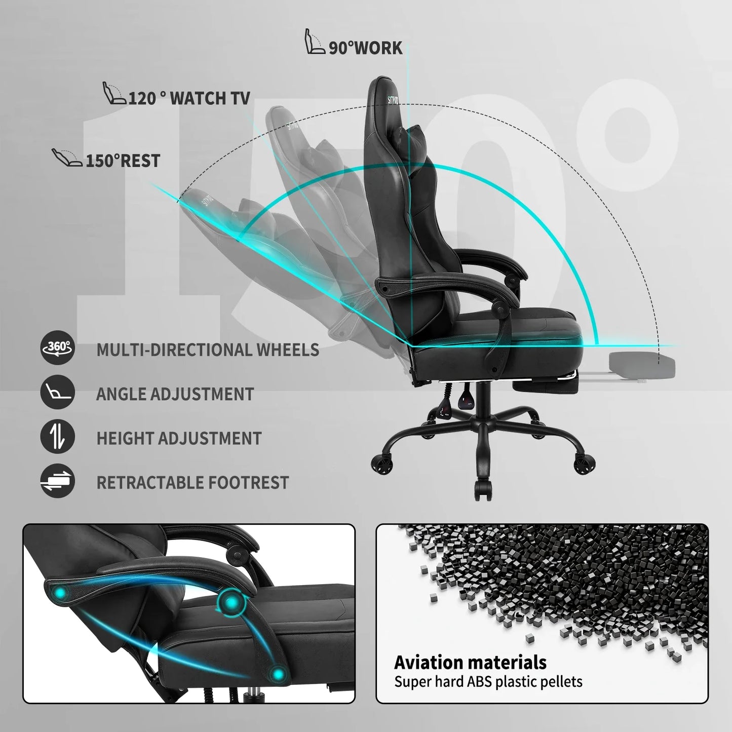 gaming chair with footrest, 400LBS capacity. Adjustable lumbar support, height-reclining. Heavy-duty PU leather, ergonomic