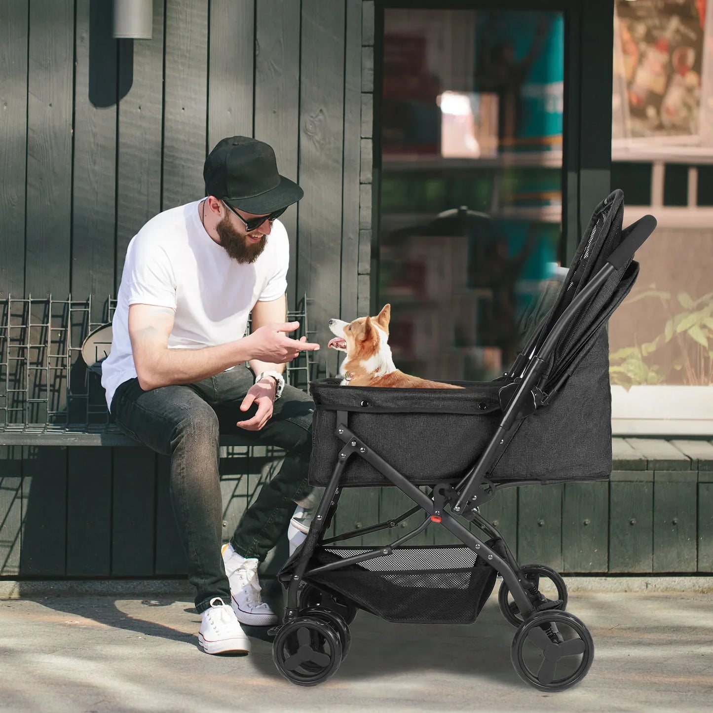 Dog Stroller, Pet Stroller for Medium Dogs Cats, with Dog Poop Bags, Reversible Handlebar, Tethers, Storage Basket and Pouch
