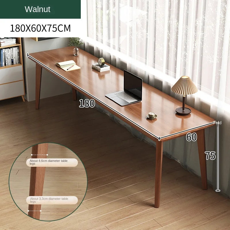 Double desk with solid wood legs, long and simple, for home use, near a window or wall, narrow table/workbench