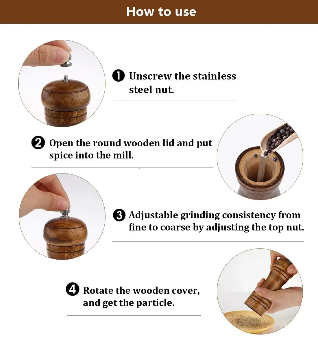 1 Piece Wood Pepper Grinder Pepper Mill Adjustable Coarseness Wooden Pepper Salt Mill Grinder Salt and Pepper Mills Shaker