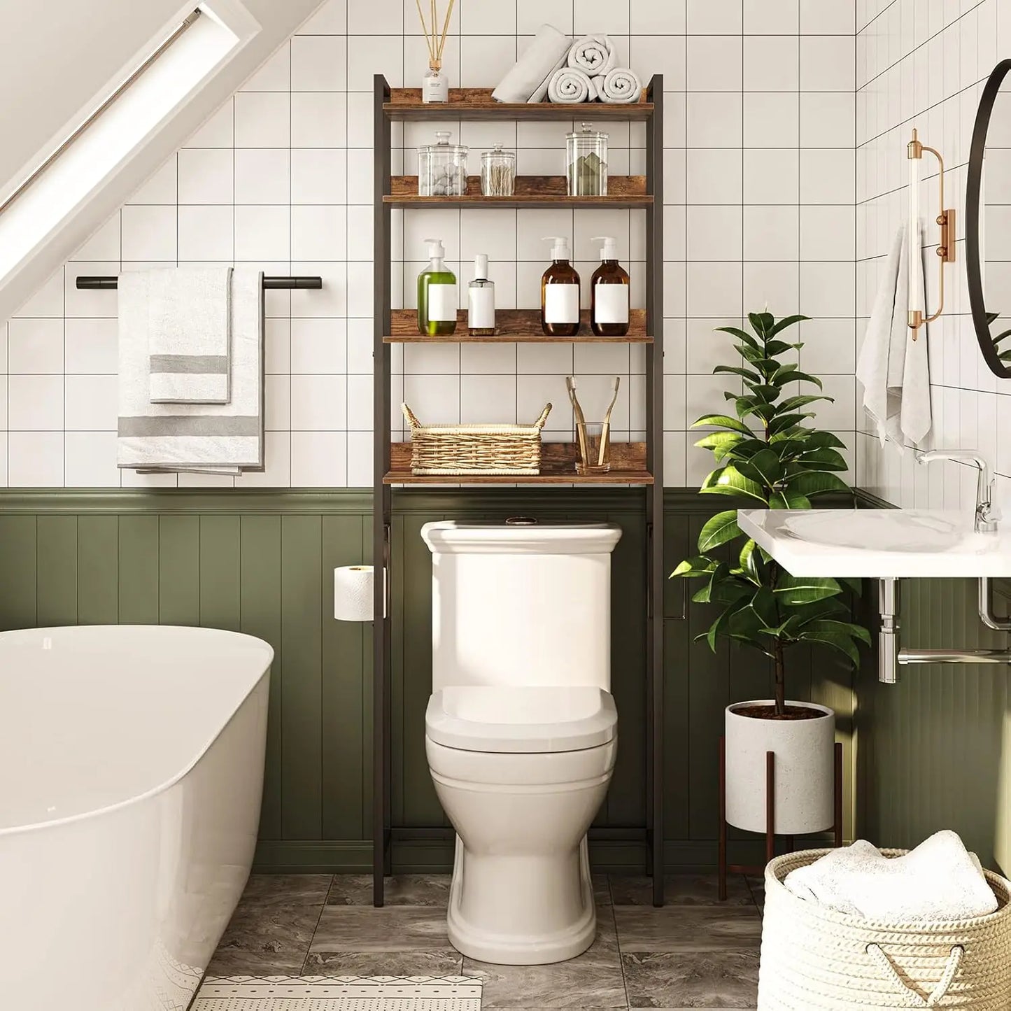 4-Tier Over Toilet Storage Rack with Hooks, Space-Saving Bathroom Organizer in Rustic Brown