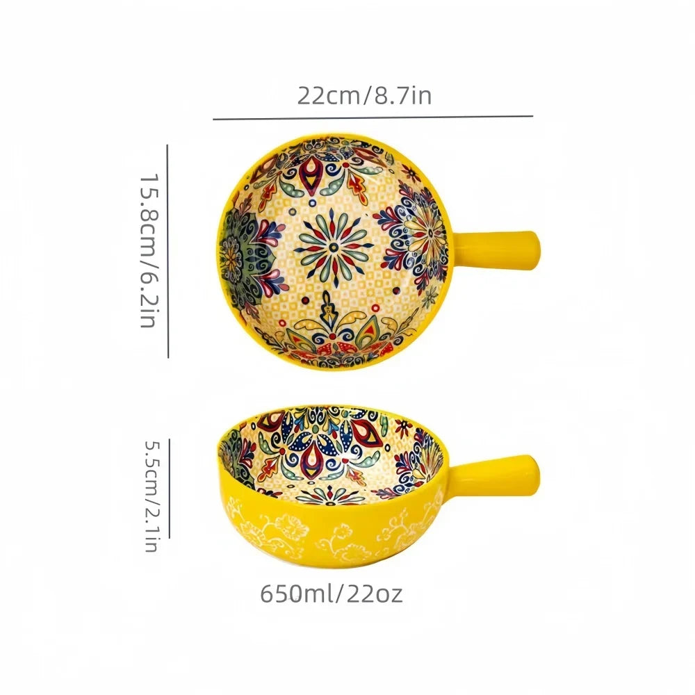 Bohemian Ceramic Hand-Painted Embossed Patterned Salad Bowl with Handle Kitchen Bakeware Microwave & Oven Safe 1 pc