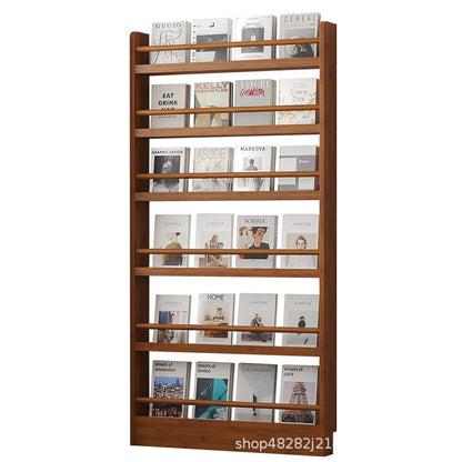 Behind the door, there is a small bookshelf, a multi-layer solid wood ultra-thin bookcase, a newspaper rack, a narrow slit child