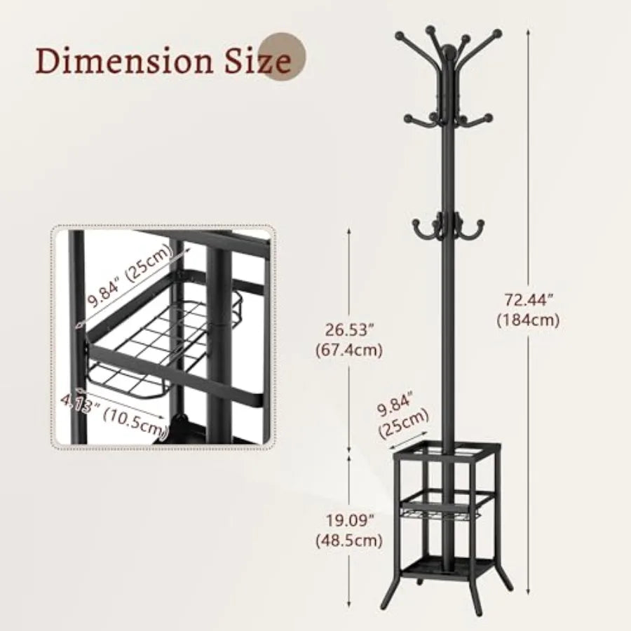 Coat Rack FreestandingCoat Rack Stand with Umbrella Holder Metal Coat Tree with 12 Hooks Tree Clothes Hat for Entryway Hallway
