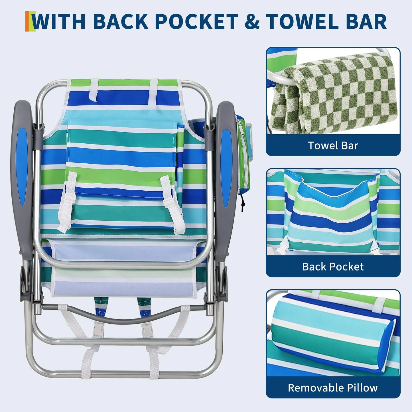 2 Pack High Backpack Beach Chair Lay Flat Folding Camping Chair Lightweight Portable Outdoor Lounge With Cooler Pouch Cup Holder