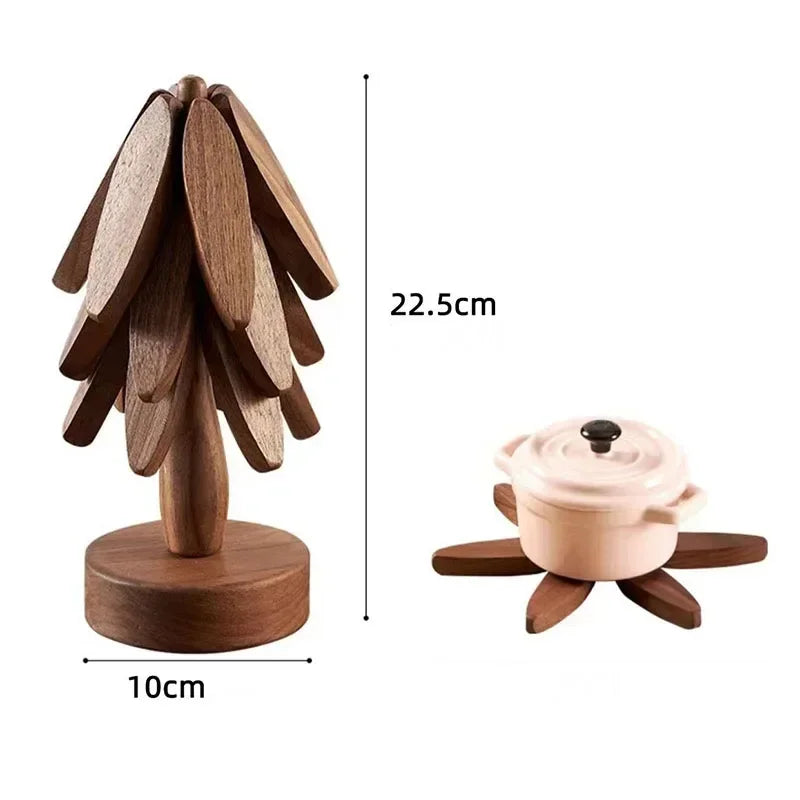 Wooden Trivets for Hot Dishes Folding Tree Shape Black Walnut Table Mat Holders Heat Insulated Pad Set Coasters for Pots
