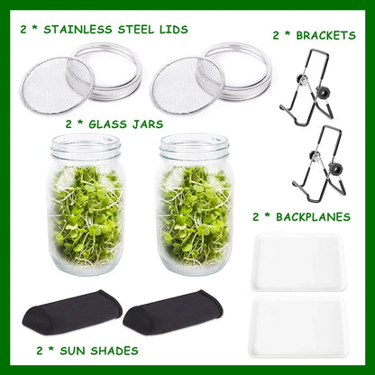 Seed Sprouting Jar Kit Durable Glass Bean Sprouts Growing Kit with Stainless Steel Screen Sprout Lids Stands Shading Cloths Tray