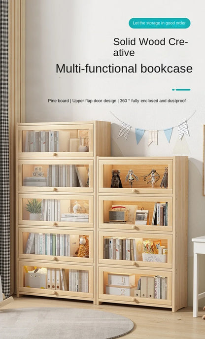 Solid wood bookcase with door transparent dustproof cabinet multi-layer floor-standing bookshelf home simple storage rack