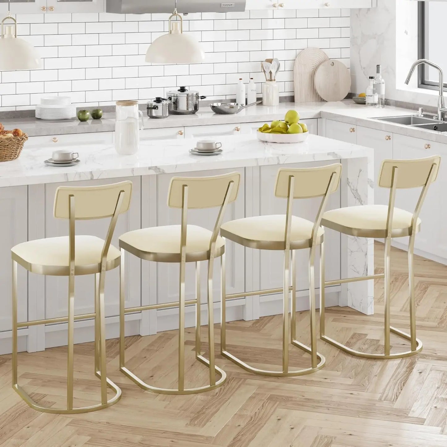 2Pcs Counter Height Bar Stools Set with Back Metal Frame & Upholstered Seat Tall Barstools for Kitchen Island, Home Dining Room