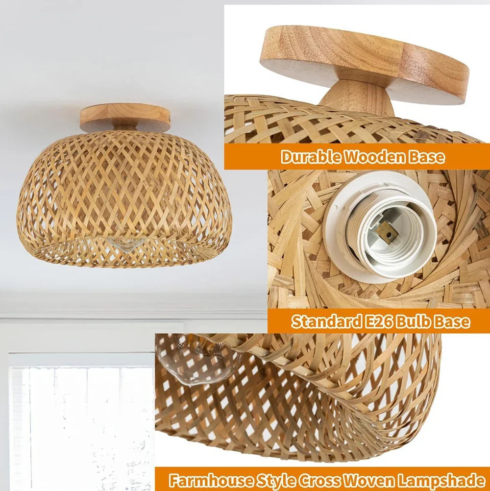 Bamboo Hand Weaving Ceiling Lights 30cm Hanging LED Ceiling Lamp Chandelier Fixture Rattan Hand Craft Woven Home Bedroom Decor