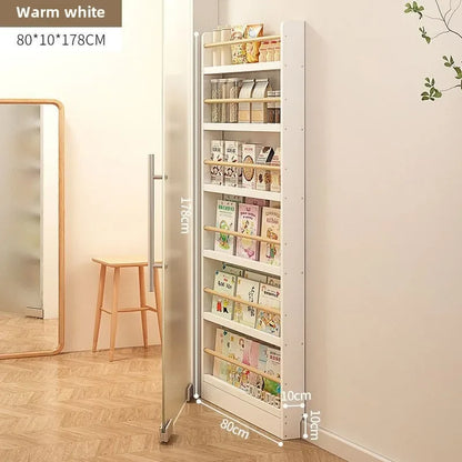 Solid wood bookshelf, floor standing wall mounted multi-layer storage rack, household bookshelf, thin bookshelf behind the door