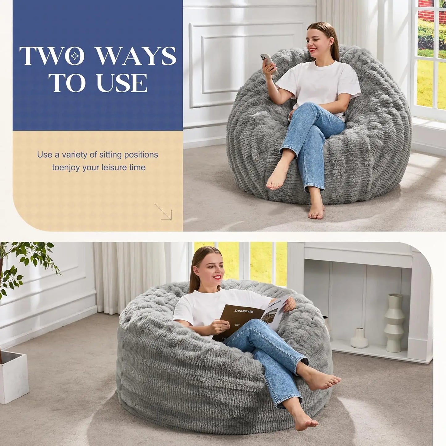 Comfortable Memory Foam Bean Bag Chair with Fluffy Cover, 3FT Size for Adults (Grey)