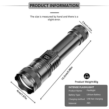 Rechargeable LED Flashlight Zoomable Torch with LCD Display 3 Modes Waterproof High Power Hand Light Outdoor Wilderness Camping