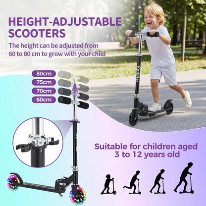 Kids Kick Scooter With LED Light Up Wheels Adjustable Height Foldable Lightweight Toddler Scooter For Boys Girls Age 3-12
