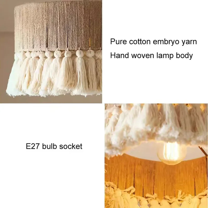 Bohemian Vintage Hemp Rope Pendant light E27 Tassel Cage Chandelier with Dining Room Kitchen Island Farmhouse Rest hanging light