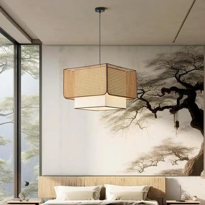 Rustic Retro Rattan Restaurant pandent light Wabi Sabi E27 Led square Chandelier Coffee Table Dining Table Decor Fixtures