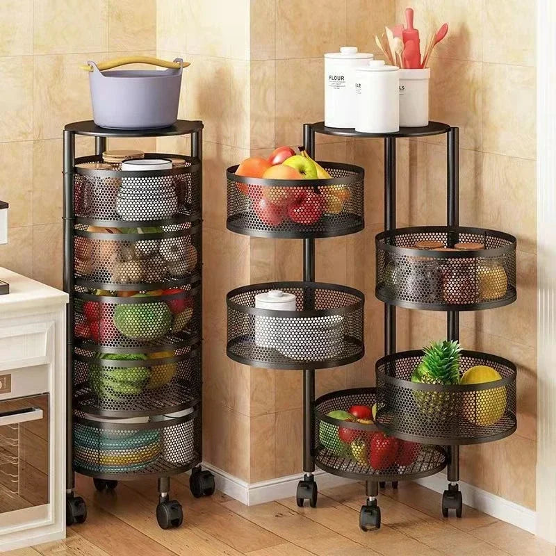 Kitchen Organizer Trolley Cart Rolling Foldable Portable Storage Multi Tier Round Fruit Vegetable Shelf No Assembly Furniture