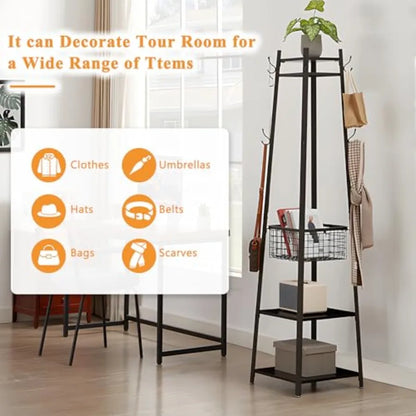 Coat Rack FreestandingHall Tree with Metal Basket and Storage Shelves Industrial Coat Rack Stand with 8 Hooks for Hanging Coats