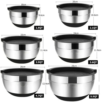 1/6PCS Silicone Bottom Thickened with Lid Cooking Basin Stainless Steel Egg Beating Basin Salad Mixing Basin Kitchen Baking