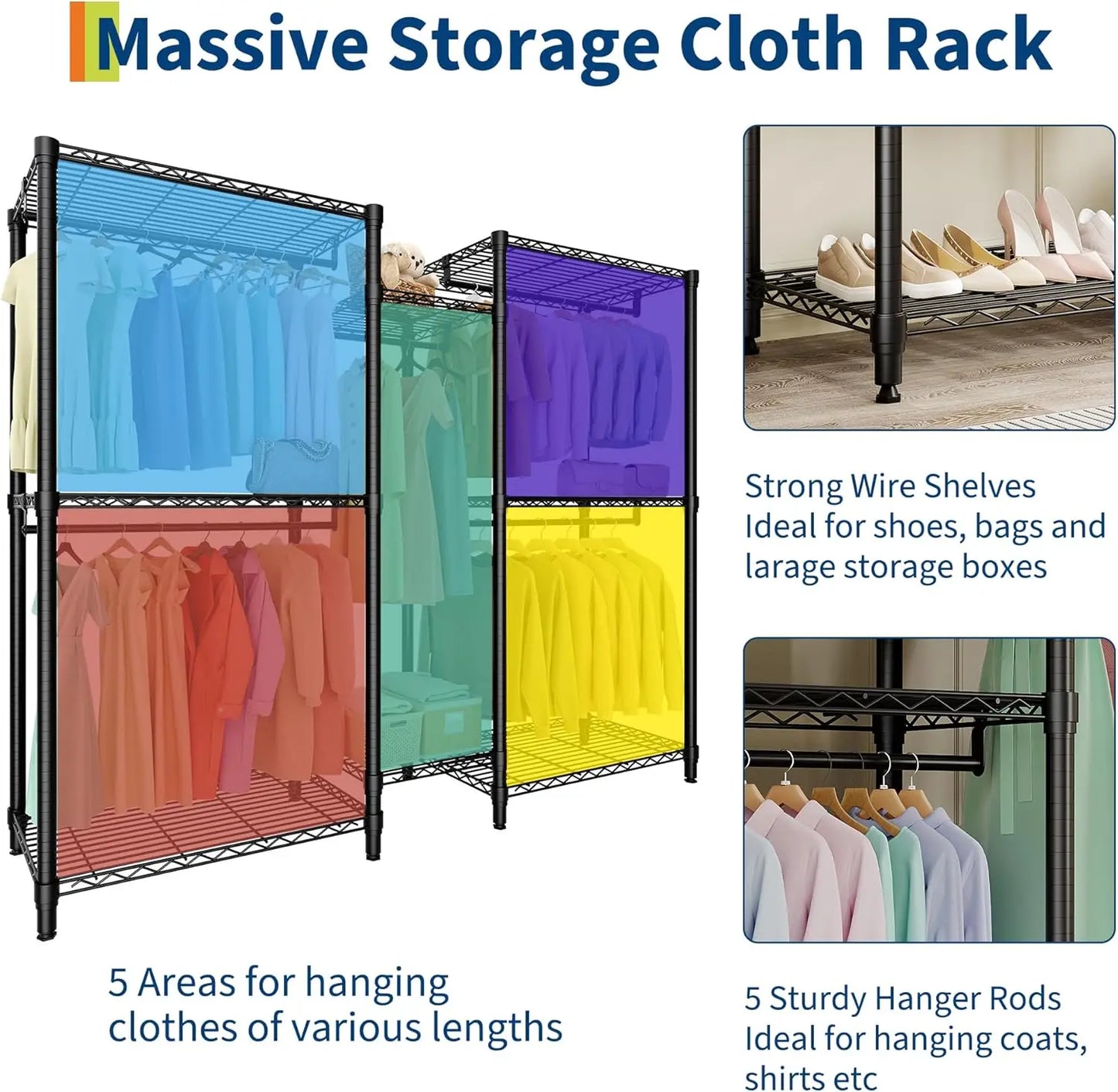 5-Tier Clothes Rack Heavy Duty Garment Rack with 8 Adjustable Shelves 5 Hanging Rods for Hanging Clothes 187W x 44D x 194H cm