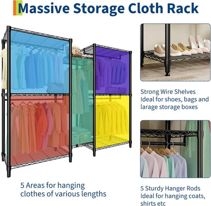 5-Tier Clothes Rack Heavy Duty Garment Rack with 8 Adjustable Shelves 5 Hanging Rods for Hanging Clothes 187W x 44D x 194H cm