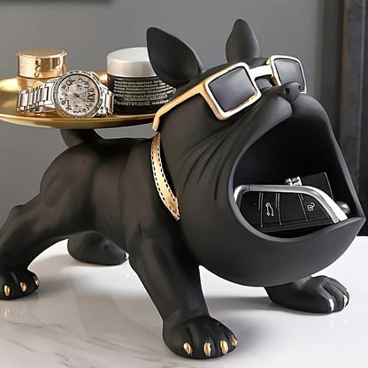 Black Bulldog Storage Decoration Set 1 piece - Stylish resin statue with gold rimmed glasses and dial - Perfect for home