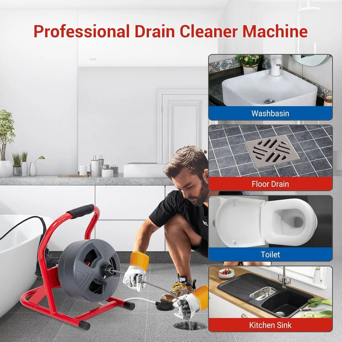 50Ft x 5/16 Inch Electric Drain Auger Cleaner Sewer Snake Machine Foot Switch with 6 Cutters,Glove for 3/4 to 3 Inch Pipes