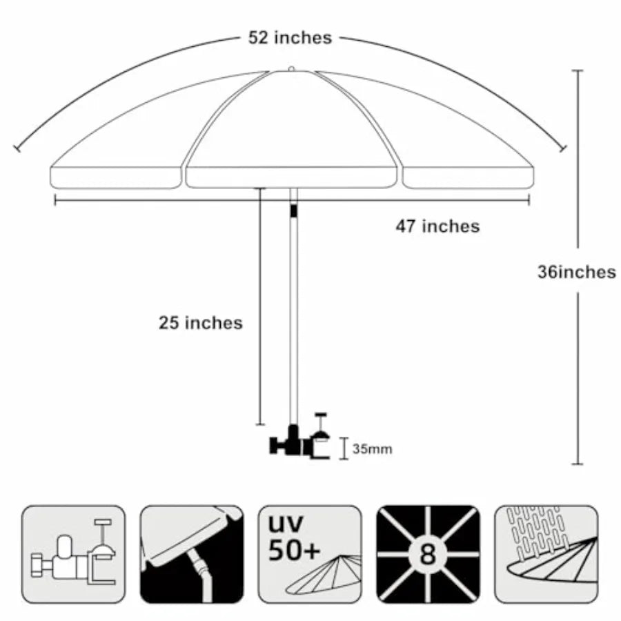 XL Chair Umbrella with Universal Clamp Adjustable 47 Inch and 360-degree Swivel UPF 50+ Portable Clamp on Camping or Beach Chai