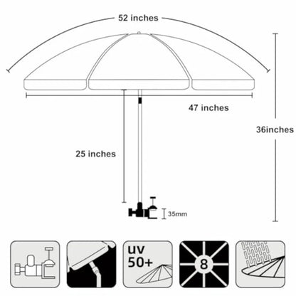 XL Chair Umbrella with Universal Clamp Adjustable 47 Inch and 360-degree Swivel UPF 50+ Portable Clamp on Camping or Beach Chai