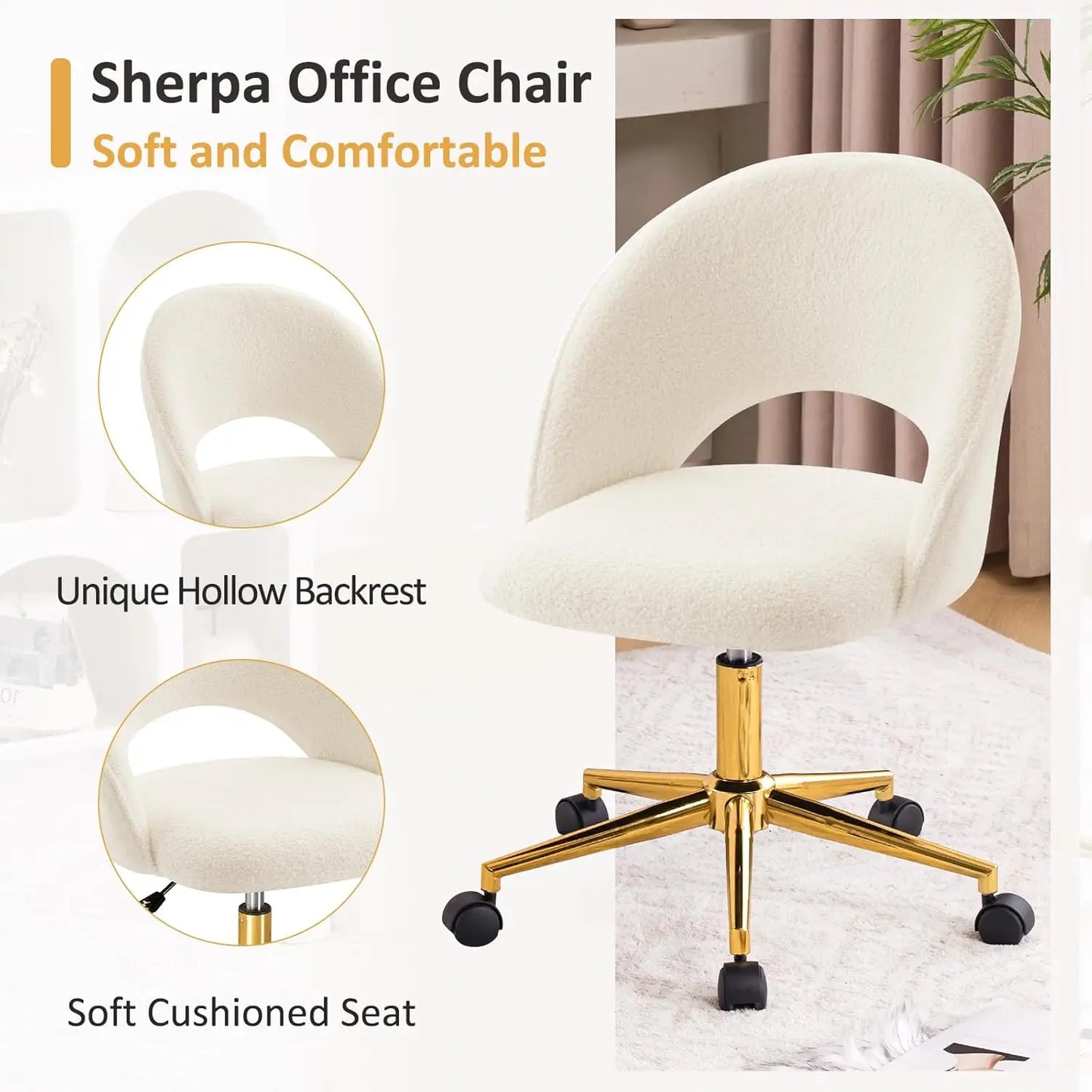 Vanity Chair with Back, Cute Office Desk Chair with Wheels for Girls, Upholstered Armless Accent Chair with Gold Metal Height