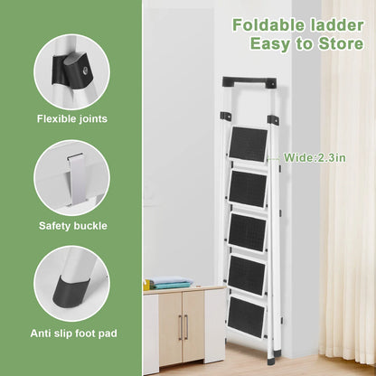 Step Ladder, Folding Step Stool, Heavy-Duty Step Ladder Stool with Handrail Wide Pedal, Anti-Slip Step Ladder with Handgrip