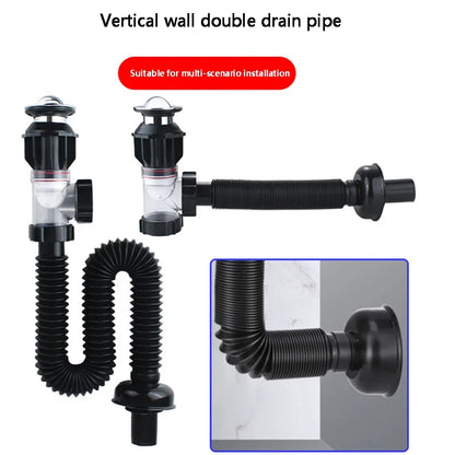 Stainless Steel Basin Drain Pipe Set Odor Proof Wall Mount Drainage for Kitchen Bathroom Sink with Strainer Basket Accessories ﻿