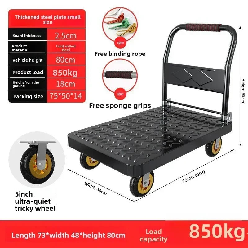 Steel plate pulling trolley trolley trolley handling thickened foldable portable silent trailer pulling flat truck