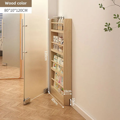 Solid wood bookshelf, floor standing wall mounted multi-layer storage rack, household bookshelf, thin bookshelf behind the door