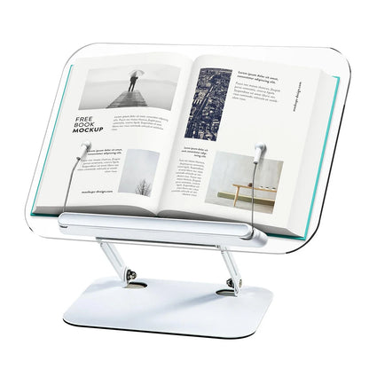 Acrylic Book Stand for Reading Adjustable Book Holder with 360° Rotating Base Elastic Page Clips Foldable Desktop Riser Stand