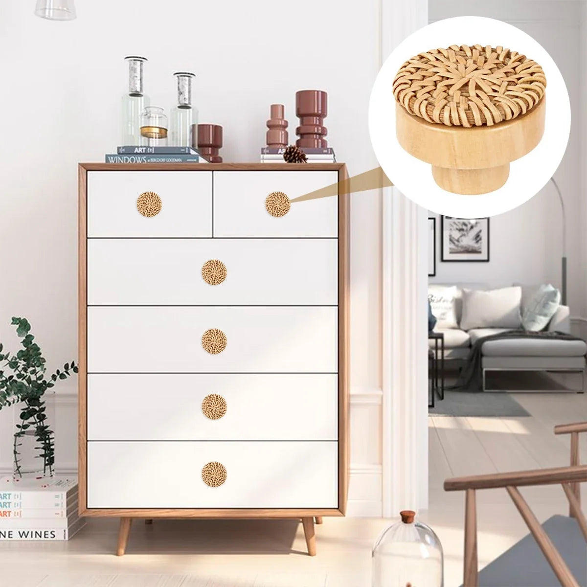 6-24Pcs Rattan Drawer Knobs Boho Rattan Wooden Dresser Knobs Handmade Cabinets Dresser Handles Furniture Wardrobe Door Pulls