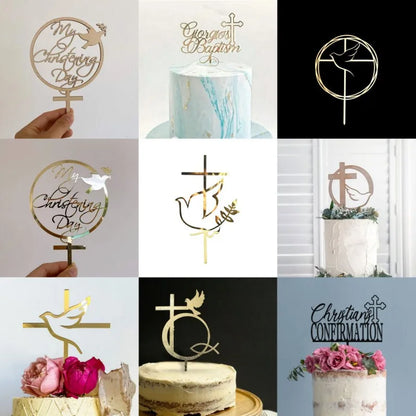 2025 Christ Cross Birthday Cake Topper Gold Acrylic Dove Cross Eucharist Baptism Party Communion Baptism Cake Topper Decoration