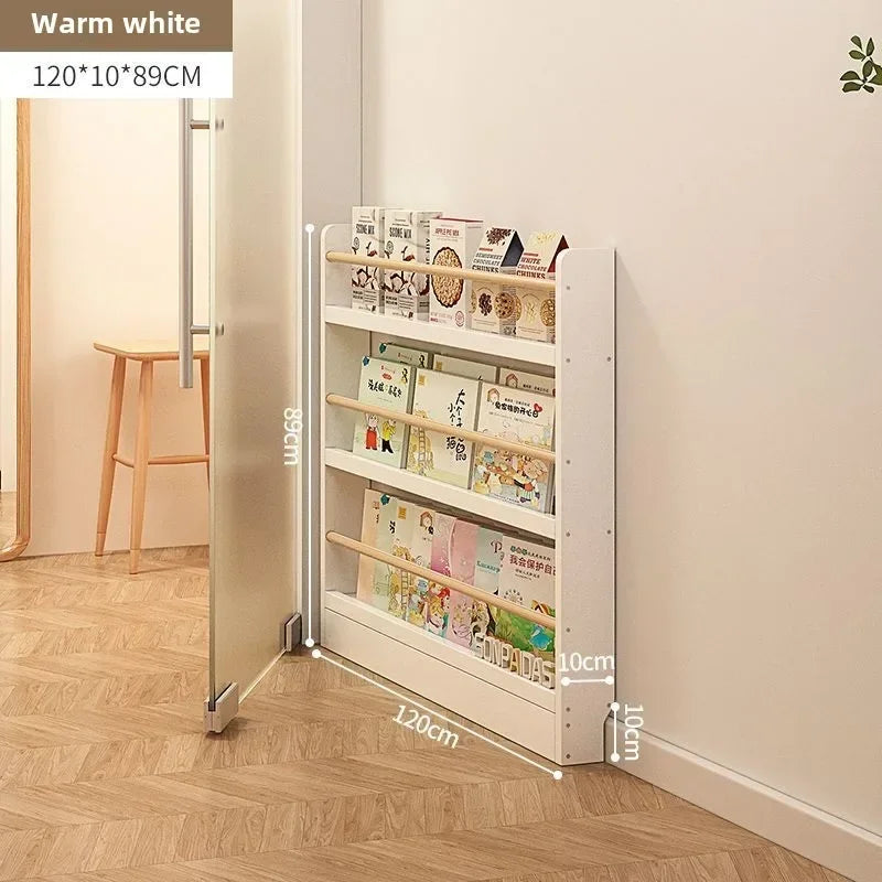 Solid wood bookshelf, floor standing wall mounted multi-layer storage rack, household bookshelf, thin bookshelf behind the door