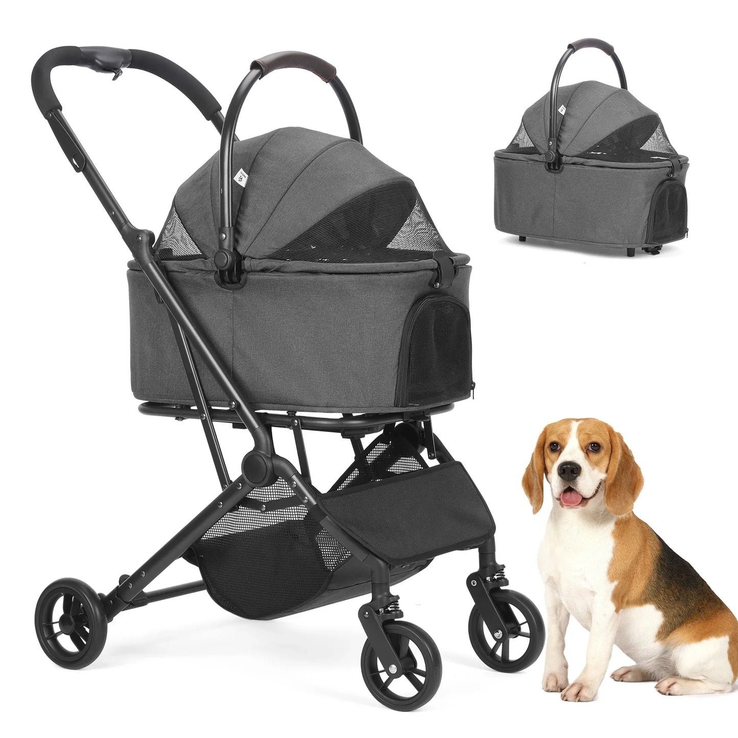 3 in 1 Dog Stroller, Upgraded Frame, Up to 44lbs Pet Stroller with Dog Poop Bags & Dispenser, Zipperless Entry, Storage Basket &