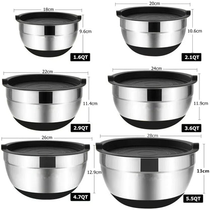 1/6PCS Silicone Bottom Thickened with Lid Cooking Basin Stainless Steel Egg Beating Basin Salad Mixing Basin Kitchen Baking