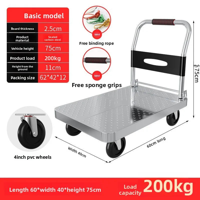 Steel plate pulling trolley trolley trolley handling thickened foldable portable silent trailer pulling flat truck