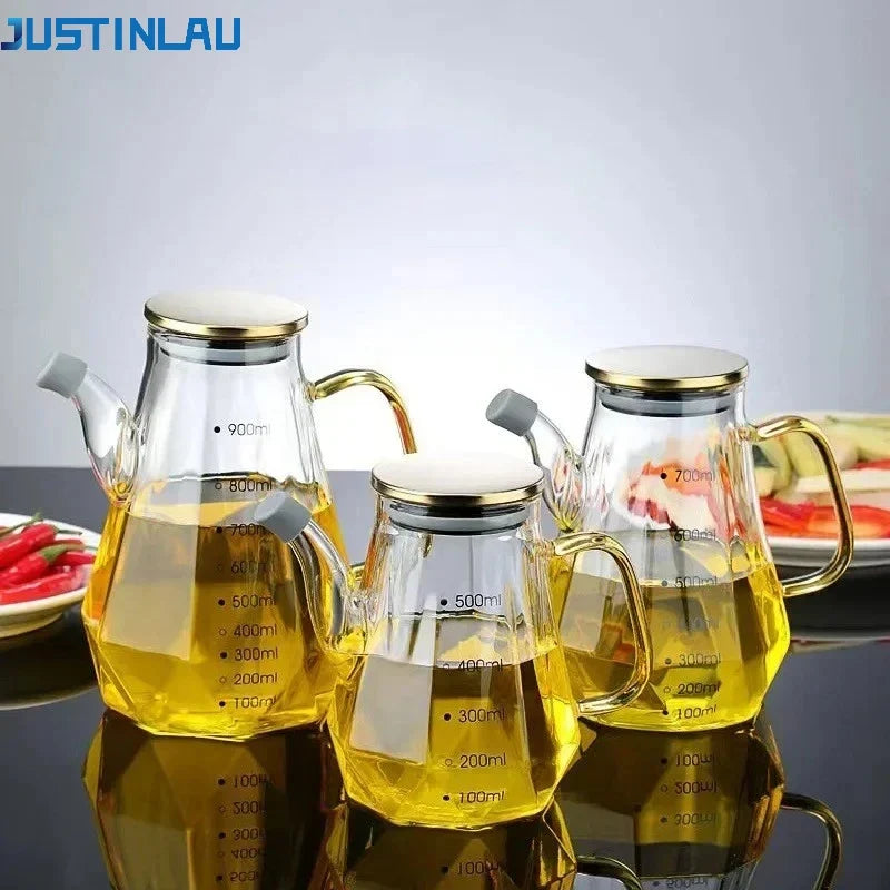 JUSTINLAU High Borosilicate Glass Oil Pots Diamond Oil Bottle with Scale Kitchen Soy Sauce Vinegar Condiment Storage Container