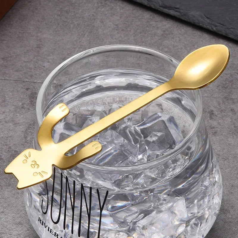 2/4PCS Set 304 Stainless Steel Cat Spoon Creative Cartoon Hanging Edge Spoon Cute Coffee Spoon Gold-plated Stirring Spoon