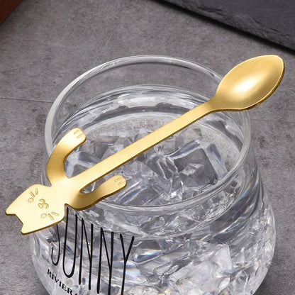 2/4PCS Set 304 Stainless Steel Cat Spoon Creative Cartoon Hanging Edge Spoon Cute Coffee Spoon Gold-plated Stirring Spoon
